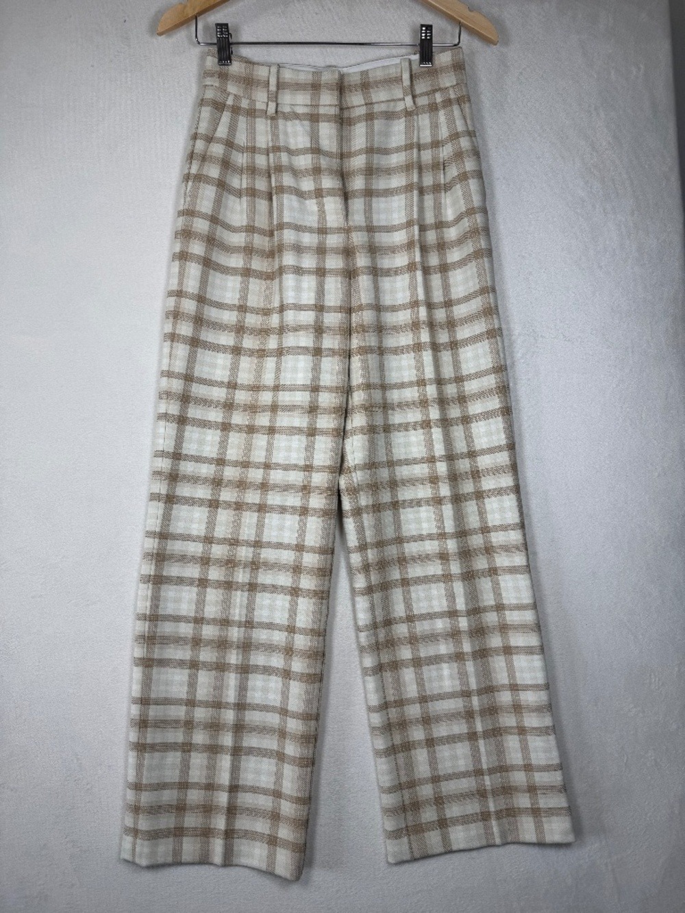 Wilfred Effortless Wide-Leg Plaid Pants in Cream and Tan size 2